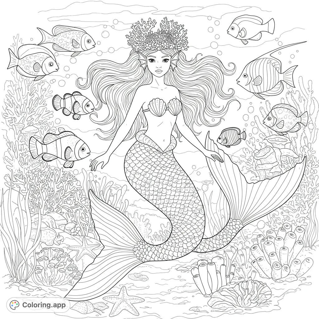 Dive into an enchanting mermaid coloring page featuring a beautiful mermaid, tropical fish, and a vibrant coral reef. Perfect for ocean lovers!