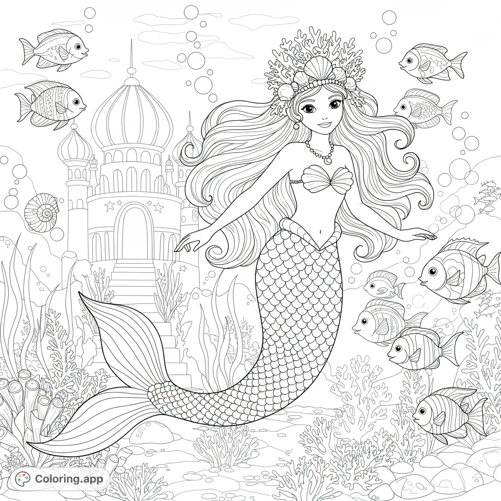 Dive into an enchanting mermaid coloring page featuring a beautiful mermaid, playful fish, and a grand underwater castle. A free printable coloring page for all ages!
