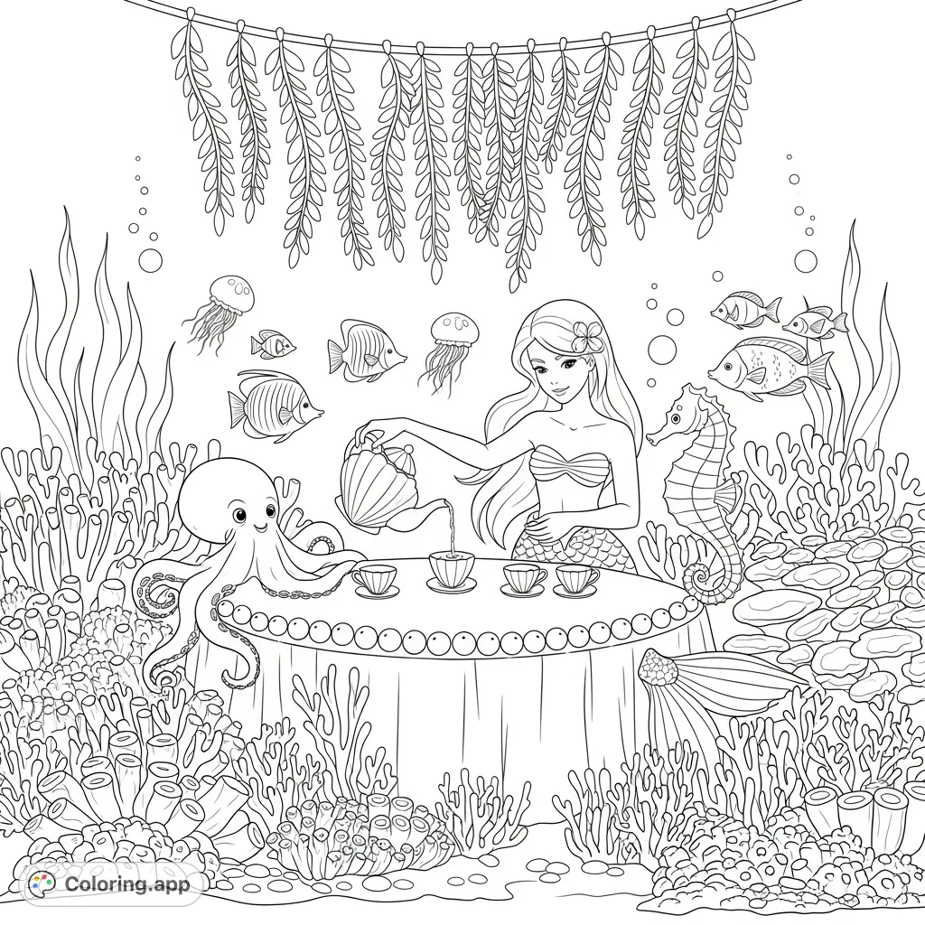An enchanting mermaid hosts an underwater tea party surrounded by charming sea creatures, delicate seashells, and swaying coral. A delightful scene for creative coloring.