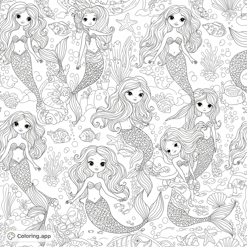 Dive into an enchanting undersea world with adorable mermaids, playful fish, and intricate coral. A magical mermaid coloring page for all ages.