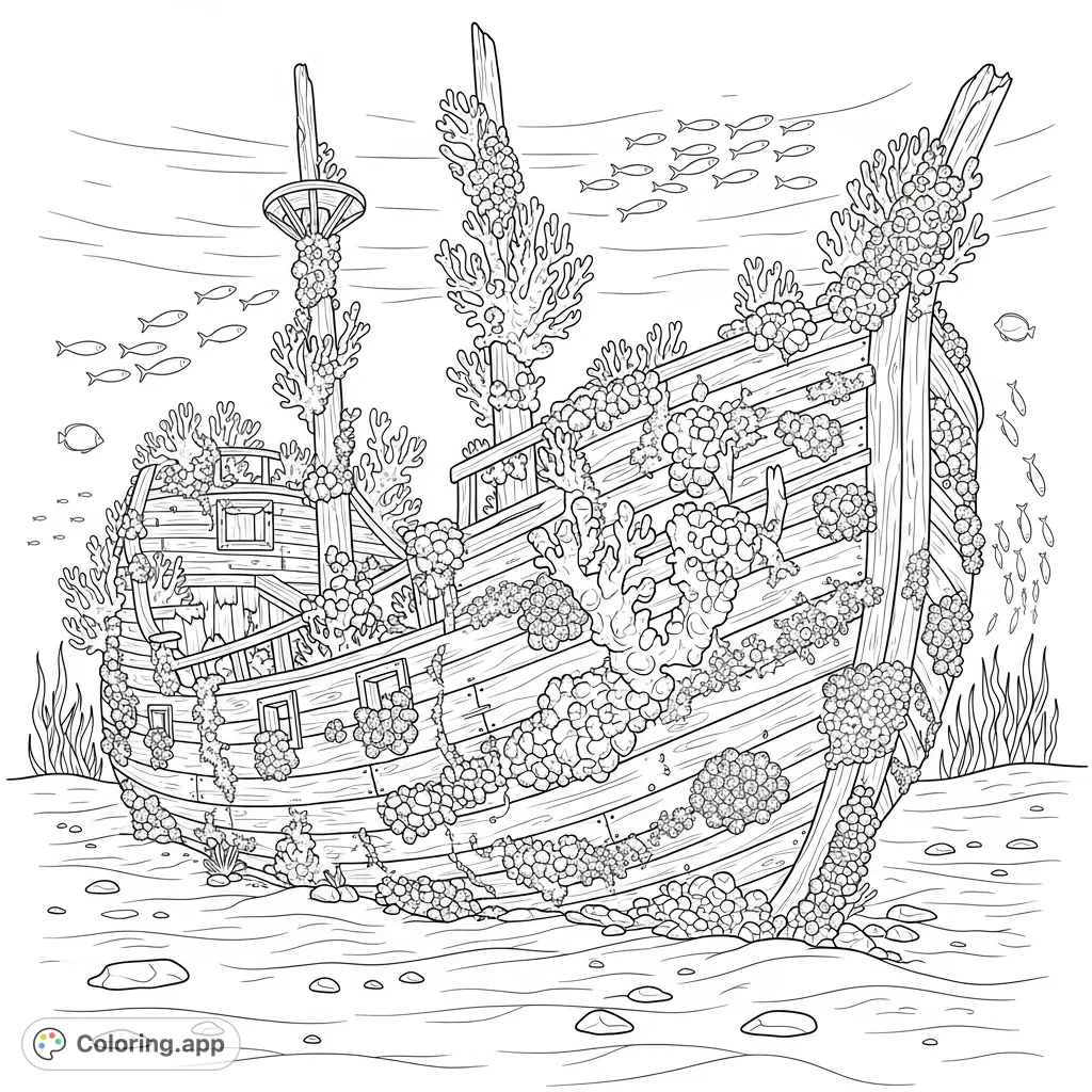 Explore a captivating underwater world. Color an ancient sunken ship, richly adorned with intricate coral formations and textured barnacles amidst swimming fish.