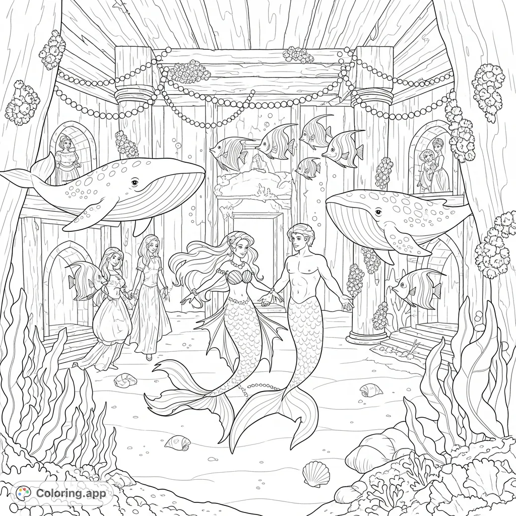 Dive into an enchanting underwater world! A magnificent mermaid and merman dance in a grand shipwreck hall, surrounded by friends and glowing pearls.