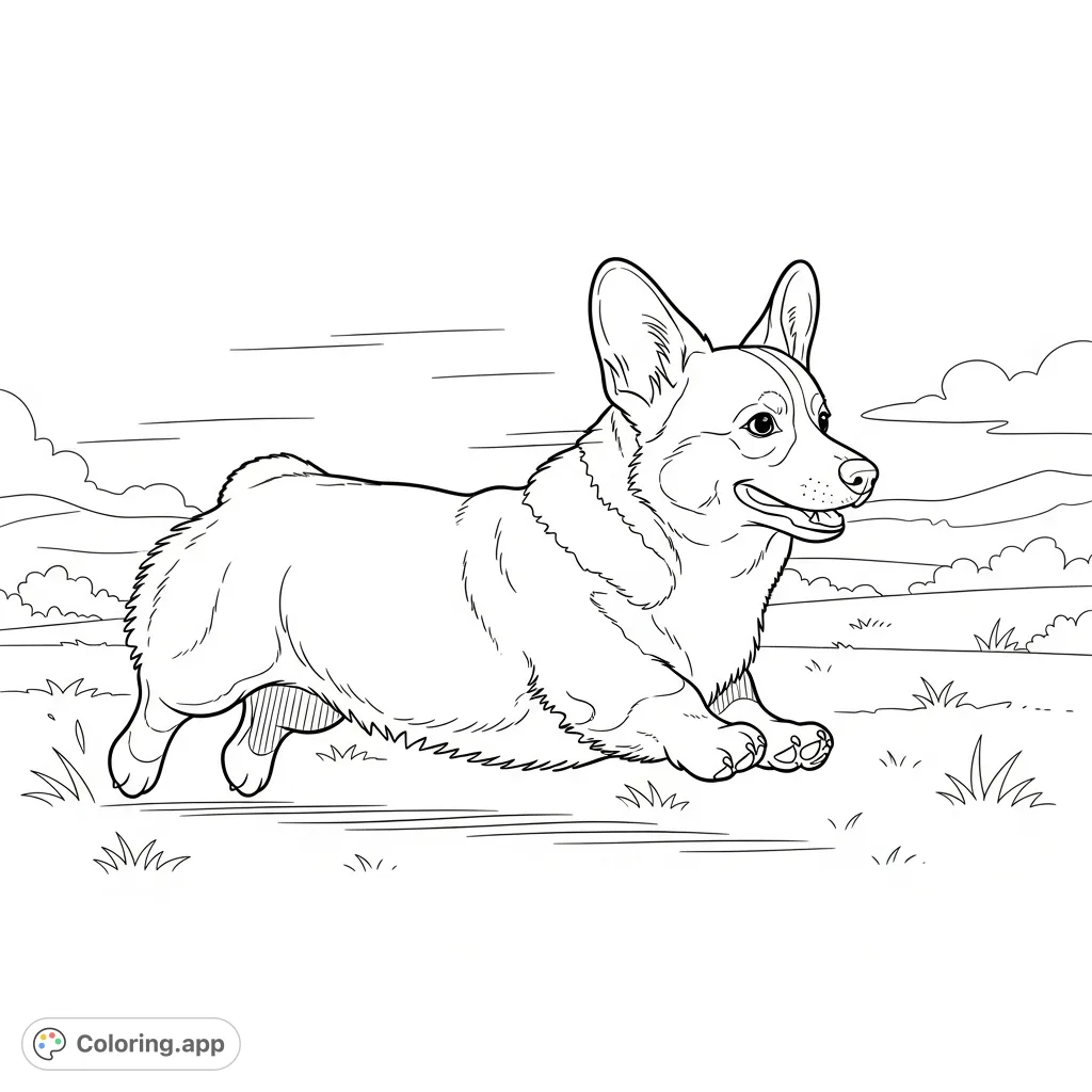 A joyful corgi runs enthusiastically across a field, ears flapping in the wind. This dynamic page captures a playful, heartwarming moment.