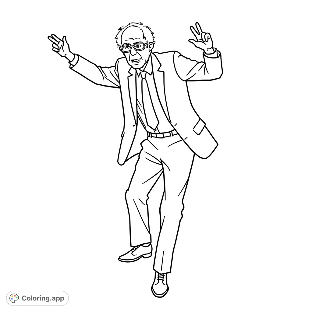 A dynamic political figure in a suit striking a fun, dancing pose, perfect for a unique and engaging free printable coloring page experience.