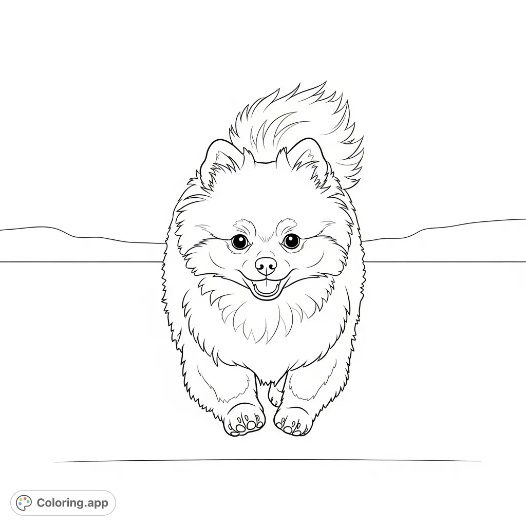 A cute Pomeranian joyfully runs towards you, its fluffy fur simplified for easy coloring. A minimalist background ensures focus on this adorable canine.