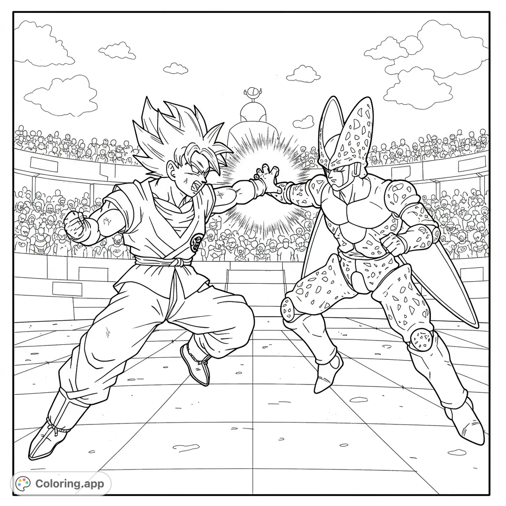 An intense anime battle coloring page featuring two powerful fighters clashing in a stadium, perfect for fans of action and dynamic scenes.