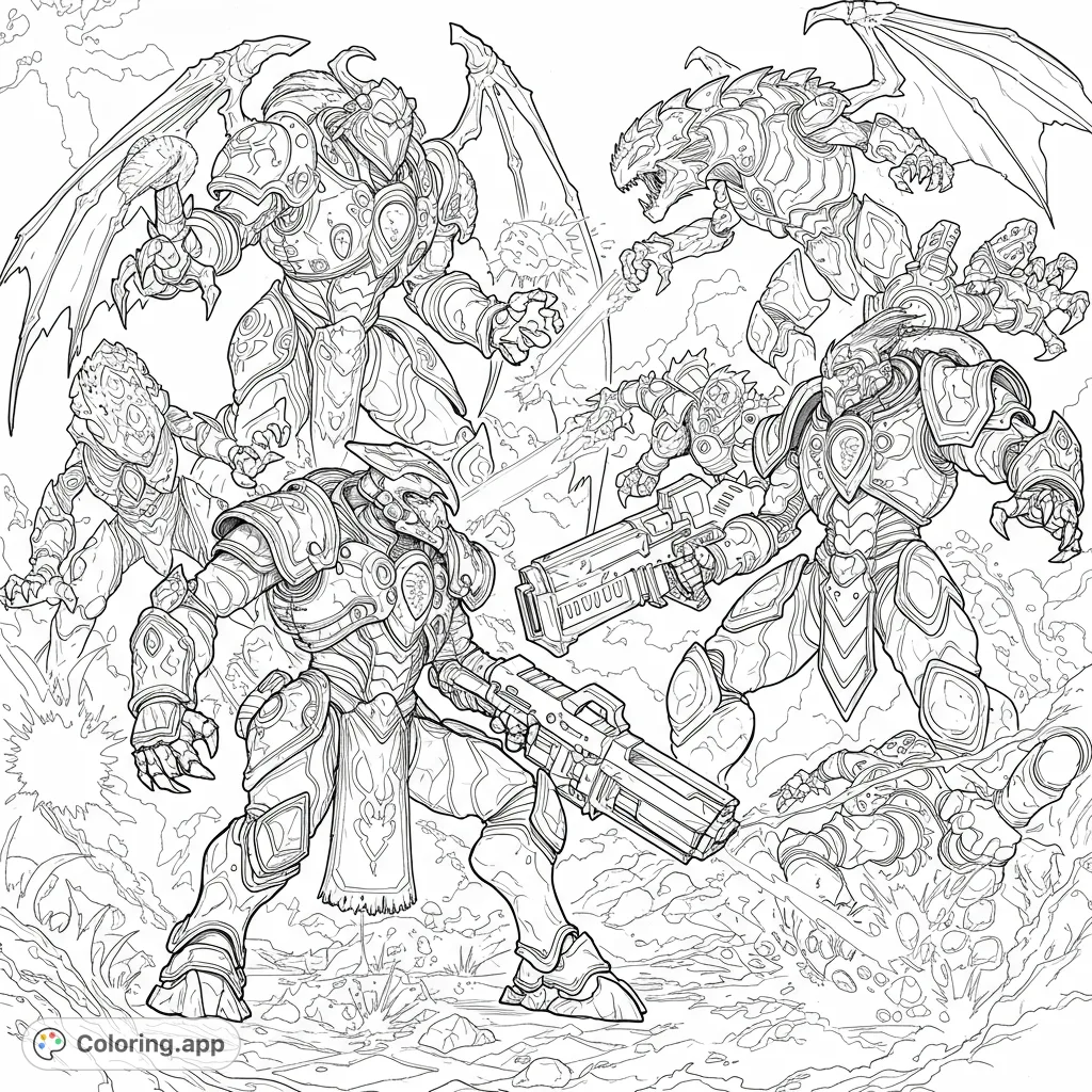 Intense futuristic battle with heavily armored warriors clashing against winged alien creatures amidst energy blasts and chaotic debris. Detailed sci-fi action.