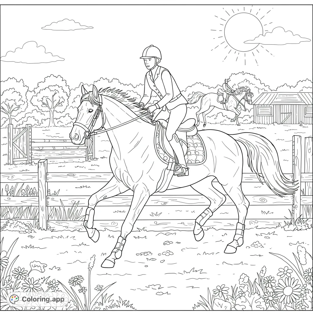 Dynamic equestrian coloring page featuring a rider on a galloping horse, with a jumping horse and barn in the background. Perfect for horse lovers!