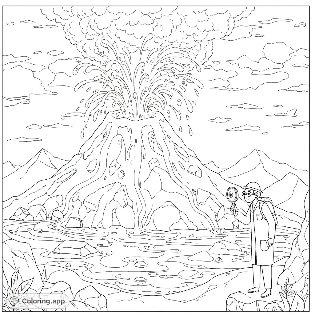Explore a powerful geyser eruption with a curious scientist in this dynamic nature coloring page. Perfect for science enthusiasts and adventure seekers!