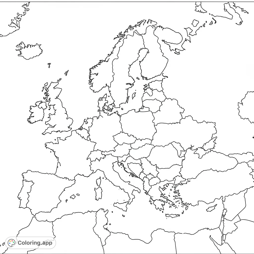 Detailed outline map of Europe with national borders, perfect for educational coloring. A free printable coloring page for all ages.
