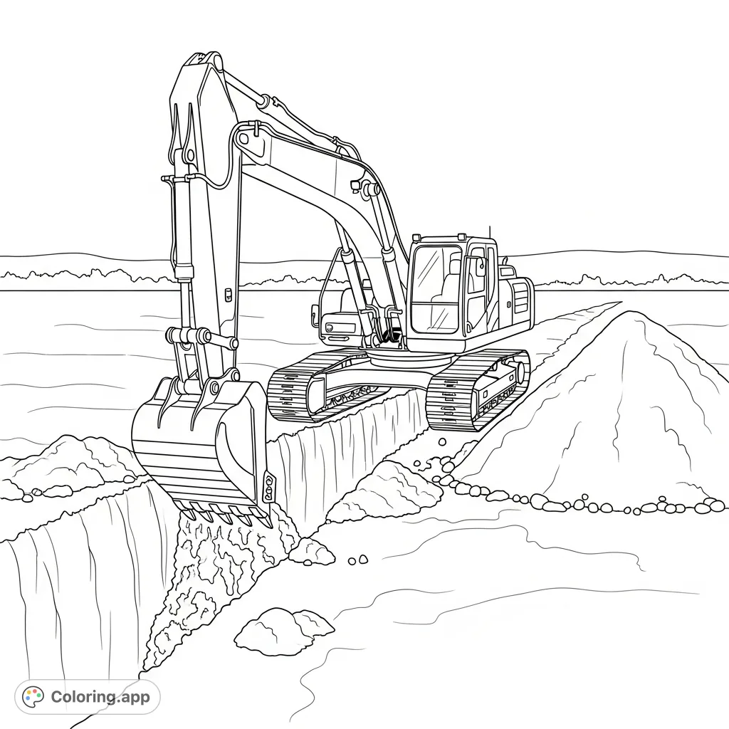 Detailed coloring page featuring a large excavator actively digging a deep trench on a construction site, surrounded by earth and industrial elements.