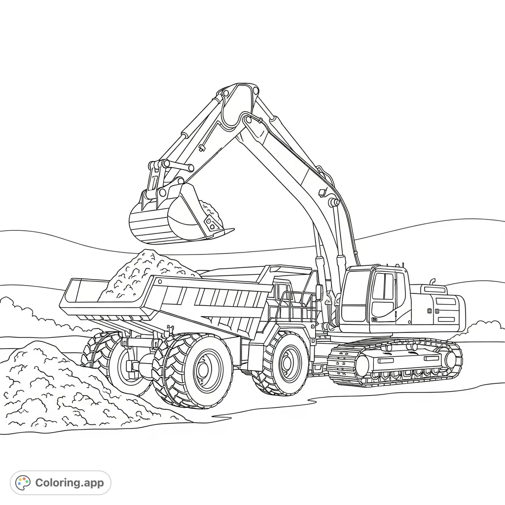 A detailed coloring page featuring a powerful excavator with a full bucket of earth poised over a large dump truck, ready to unload. Perfect for vehicle enthusiasts.