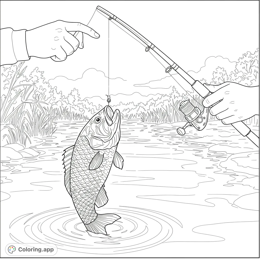 An exciting fishing scene featuring a lively fish caught on a hook, leaping from the water, with hands holding a rod. Perfect for a fishing adventure.