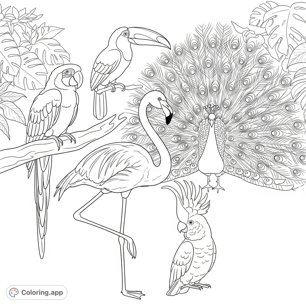 A vibrant composition featuring a macaw, toucan, flamingo, peacock, and cockatoo in a balanced layout amidst lush foliage. Perfect for bird lovers!