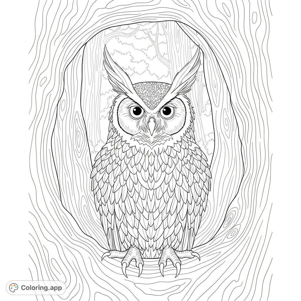 An intricate coloring page featuring a majestic, horned owl-like exotic species perched inside a detailed tree hollow against a soft, minimal forest background.