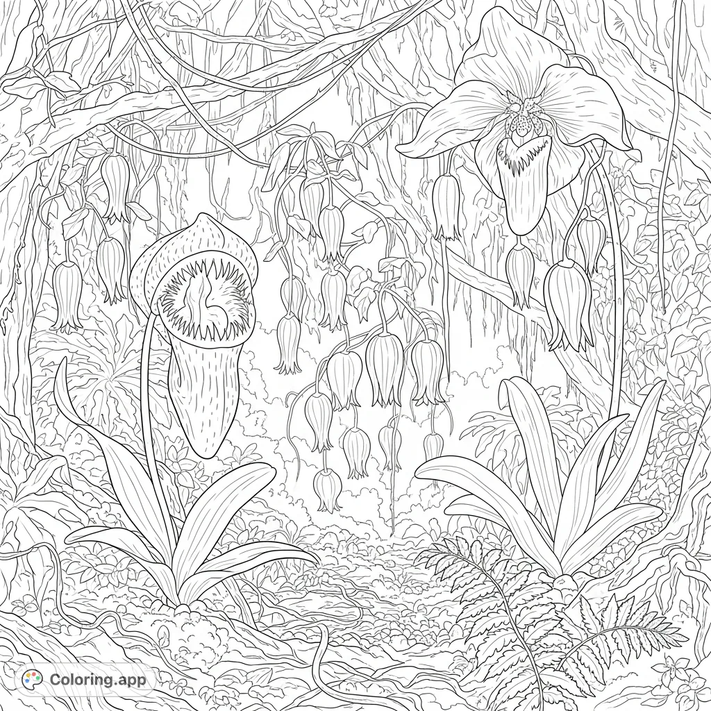 Explore a mysterious jungle with colossal carnivorous orchids, trailing lantern flowers, and ancient ferns. A captivating nature coloring page for intricate detail.