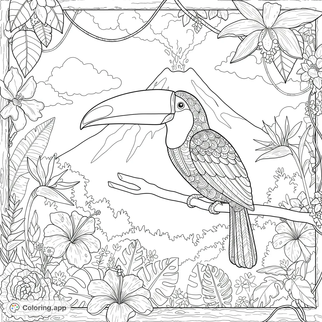 An exotic toucan perches amidst lush jungle foliage, vibrant tropical flowers, and an erupting volcano. A detailed free printable coloring page.