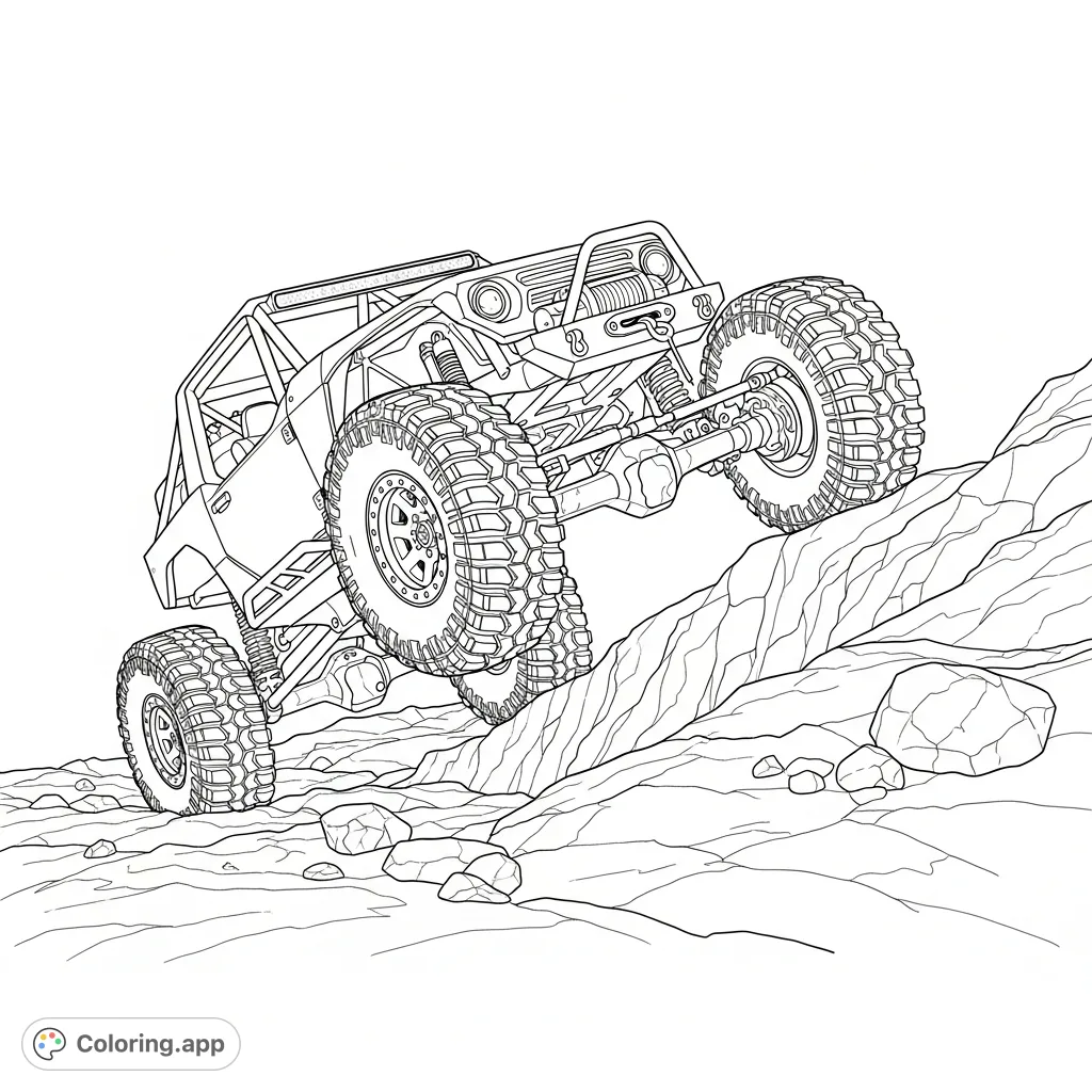 A powerful rock crawler navigates challenging terrain, showcasing extreme suspension flex with one wheel dramatically lifted. Perfect for automotive and off-road enthusiasts.