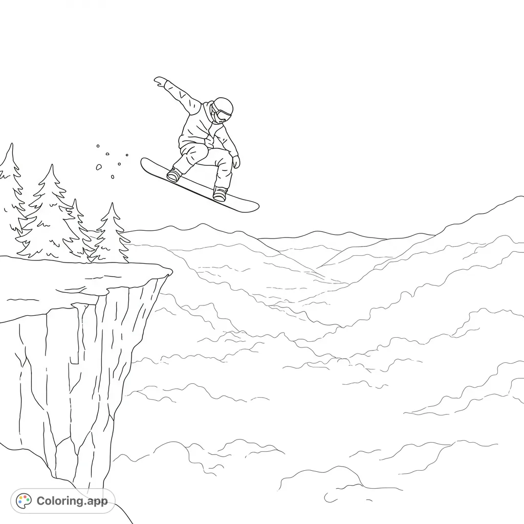 Dynamic extreme snowboarding coloring page featuring a snowboarder mid-air over a cliff with majestic mountains. Free printable for winter sports fans!