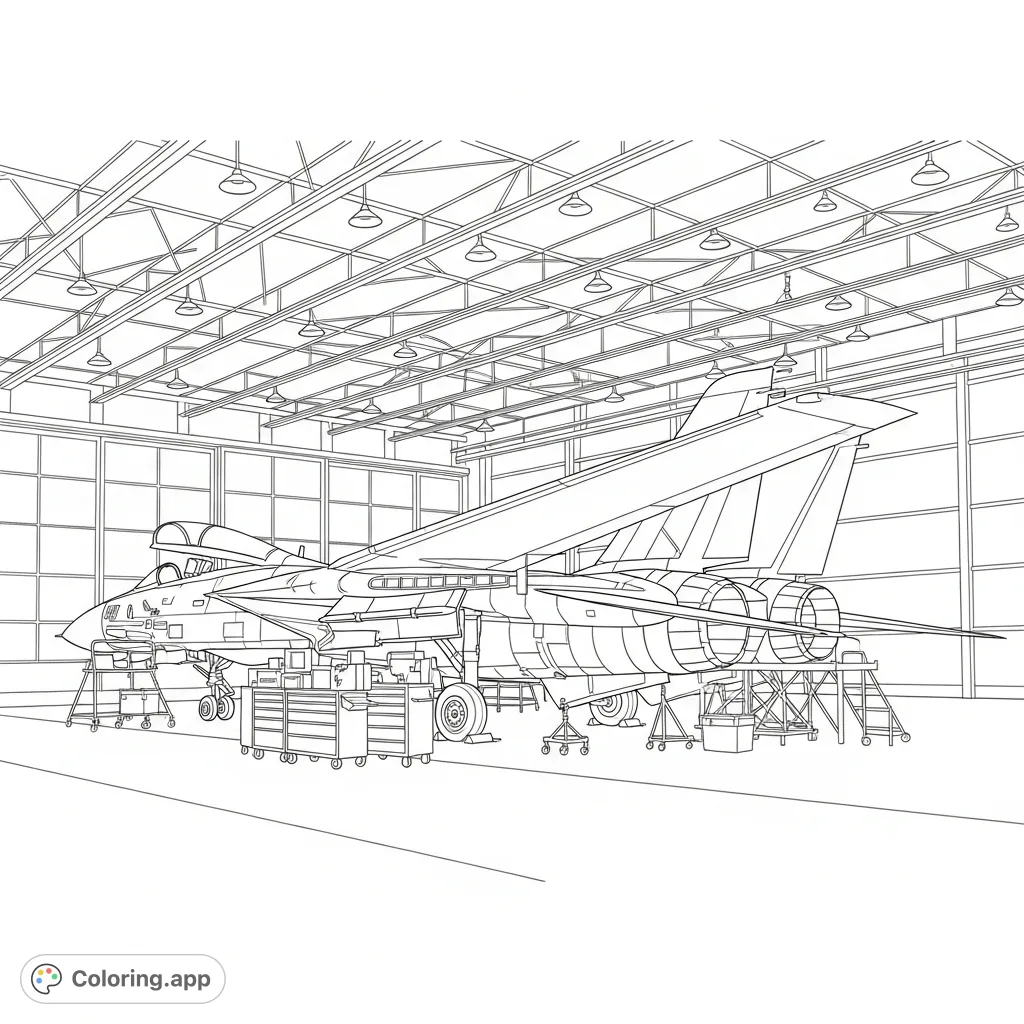 Explore a detailed F-14 Tomcat in a hangar, featuring exposed engines and tools. Perfect for aviation enthusiasts seeking a challenging and intricate coloring experience.