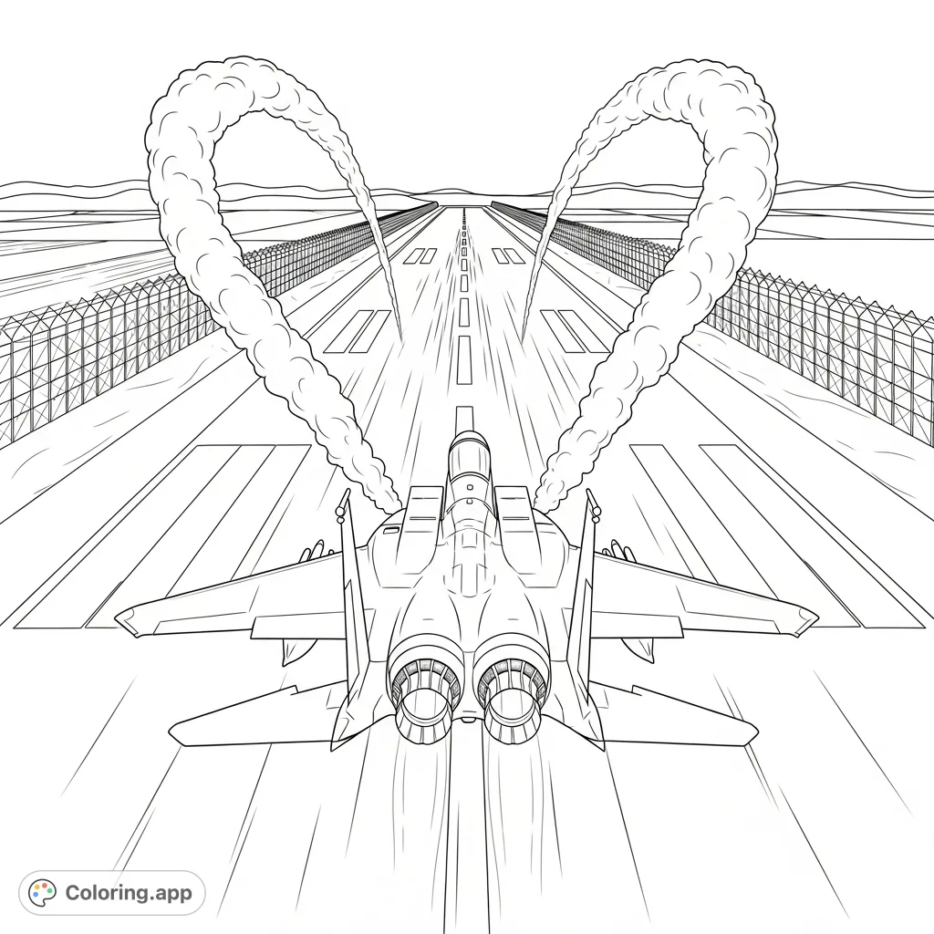 Experience the raw power of an F-15 Eagle coloring page roaring down the runway, afterburners ablaze, just moments before liftoff. A dynamic military aircraft scene.