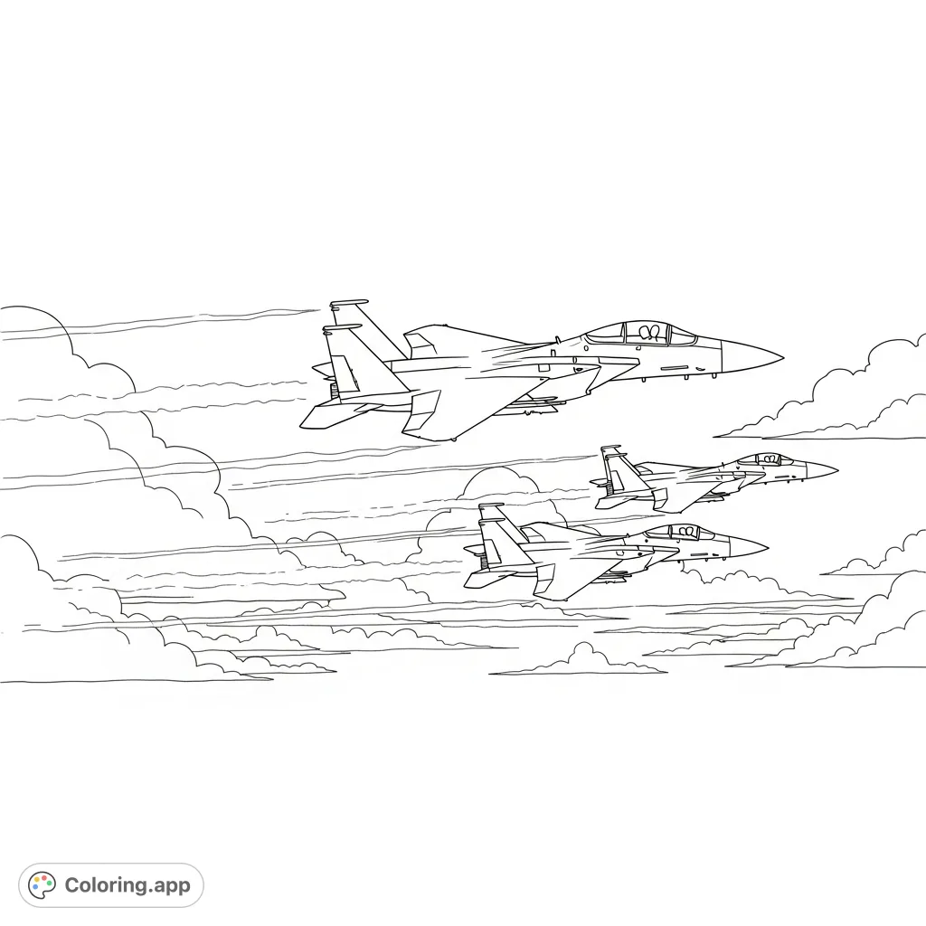 Three F-15 Eagles fly in a powerful delta formation, engines leaving contrails in a cloudy sky. A dynamic and precise aerial scene for aviation enthusiasts.