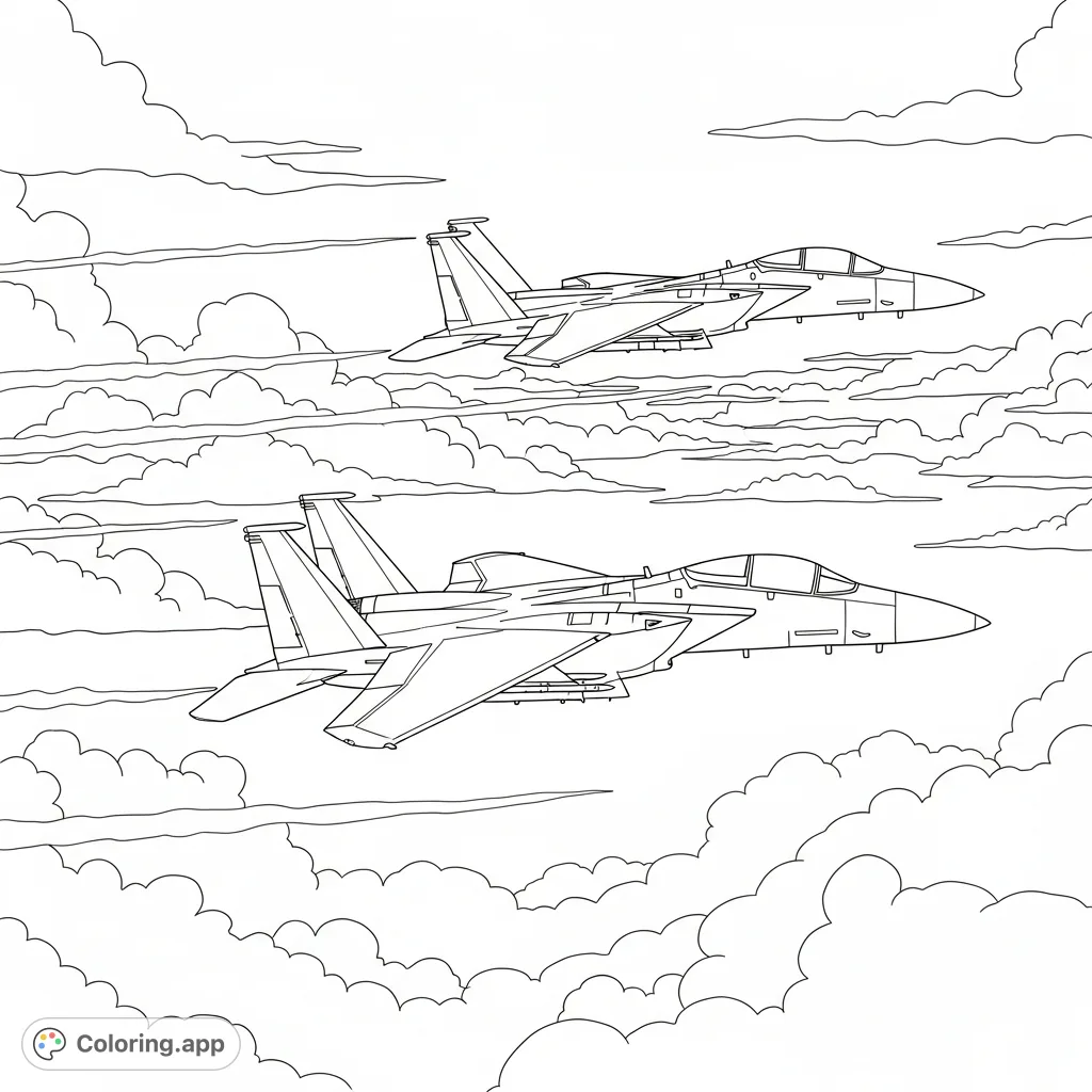 Experience the might of two F-15E Strike Eagles soaring through a dramatic sky, perfect for aviation enthusiasts. A detailed military aircraft coloring page.