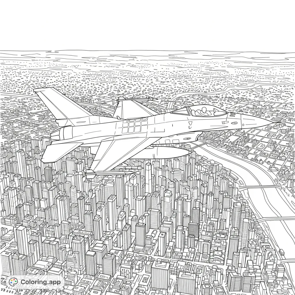 A powerful F-16 Fighting Falcon soars above a vast metropolis with towering skyscrapers and intricate street grids. A dynamic scene for aviation and city enthusiasts.