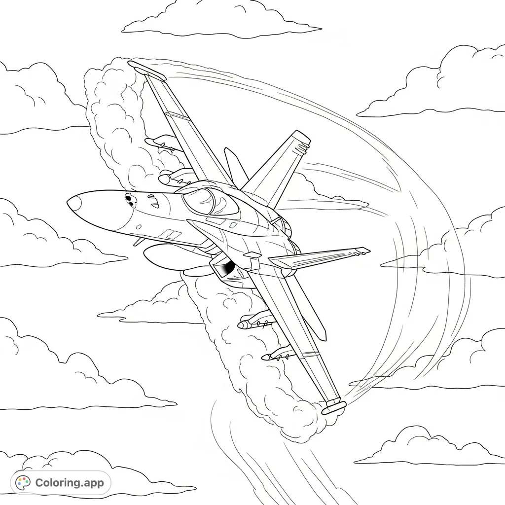 Experience the power of an F-18 Hornet fighter jet in a dynamic, high-G turn, complete with dramatic vapor trails and a cloudy sky. Perfect for aviation fans.