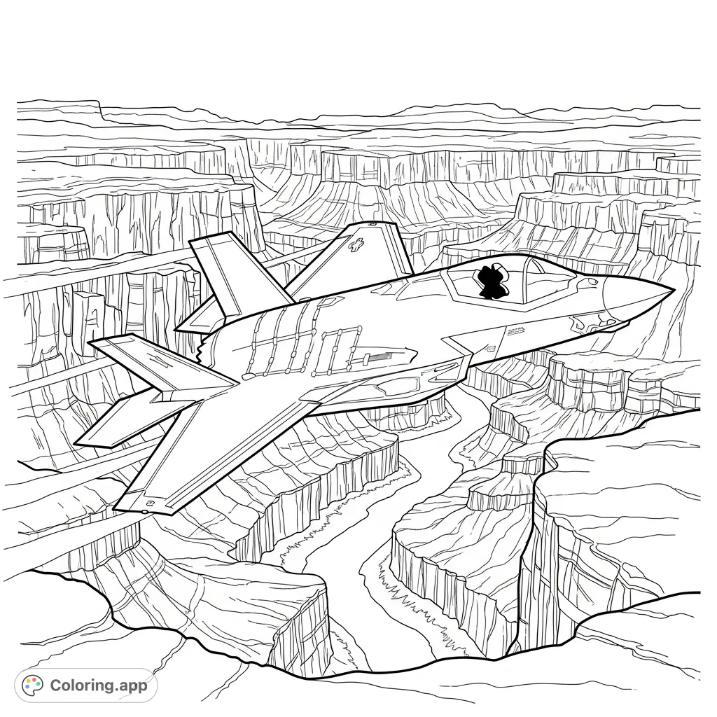 Experience the power of an F-35 Lightning II soaring through a majestic canyon, perfect for military aircraft enthusiasts and detailed landscape coloring.