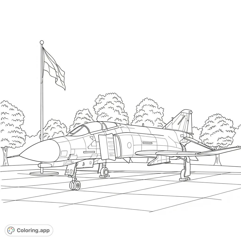 A detailed F-4 Phantom II stands on display, featuring its iconic design with twin tail fins and long fuselage, set against a backdrop of a waving flag and distant trees. Perfect for aviation enthusiasts.