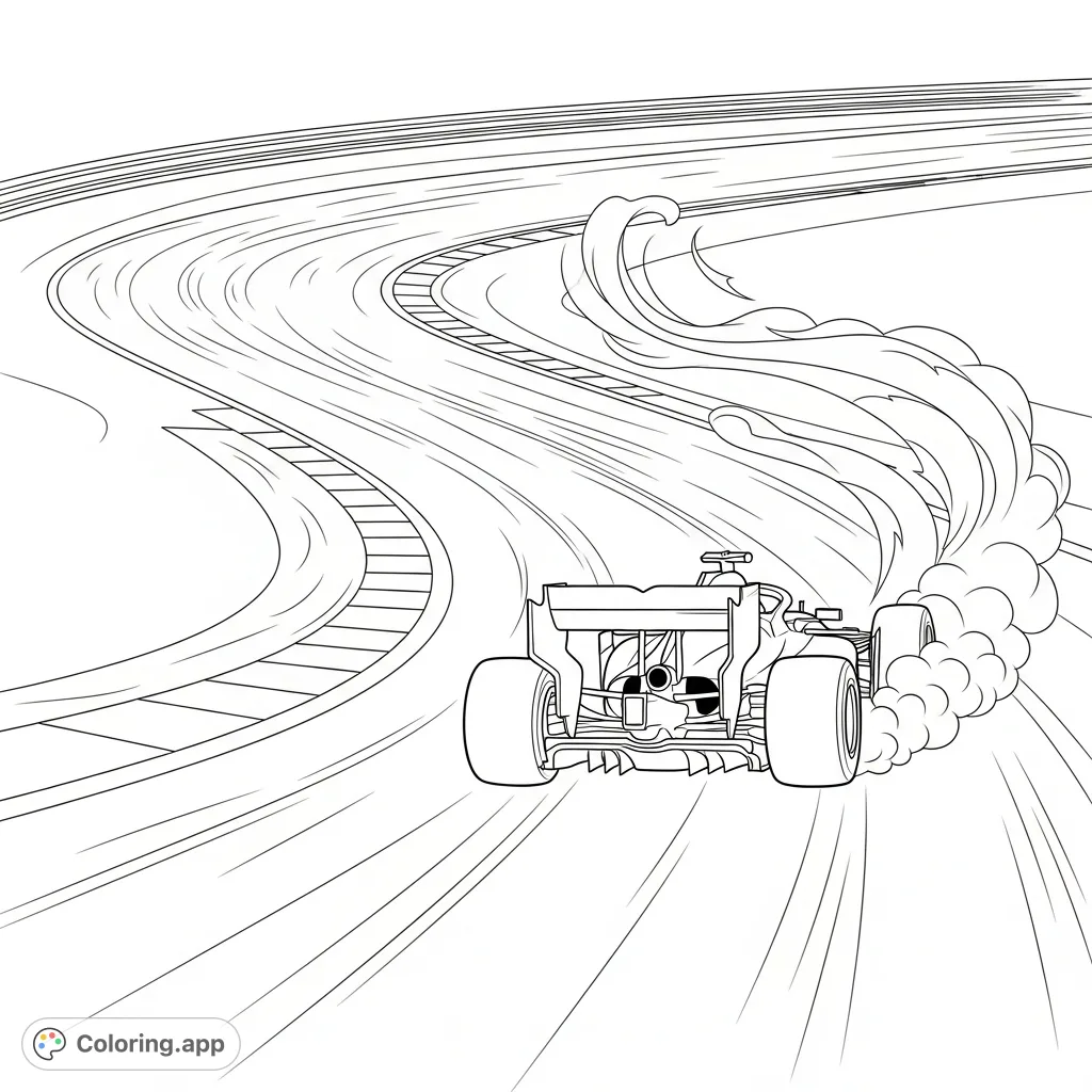 An exciting Formula 1 car drifts dynamically through a challenging chicane section of a race track, with stylized tire smoke creating a sense of speed and action.