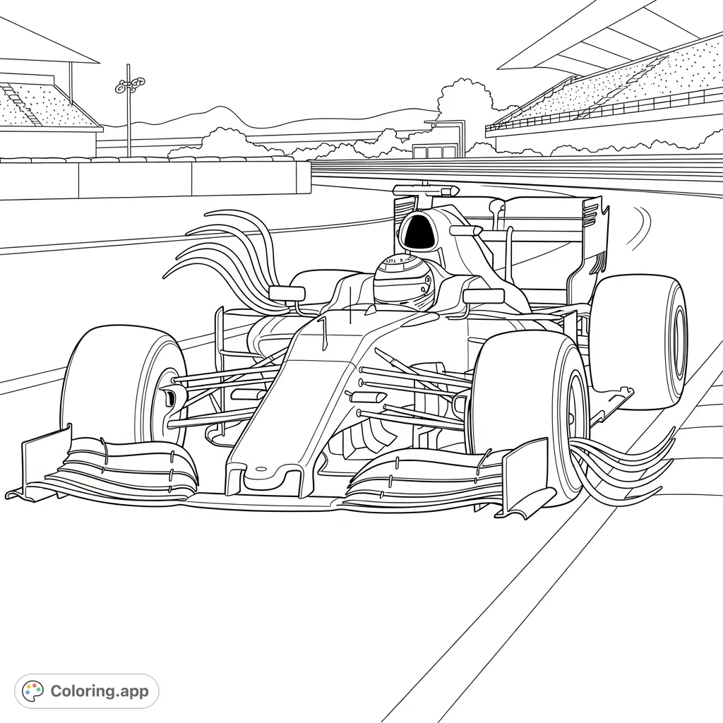 An action-packed F1 car coloring page, capturing the intense moment of braking into a hairpin turn with detailed aerodynamics and brake heat indicators.