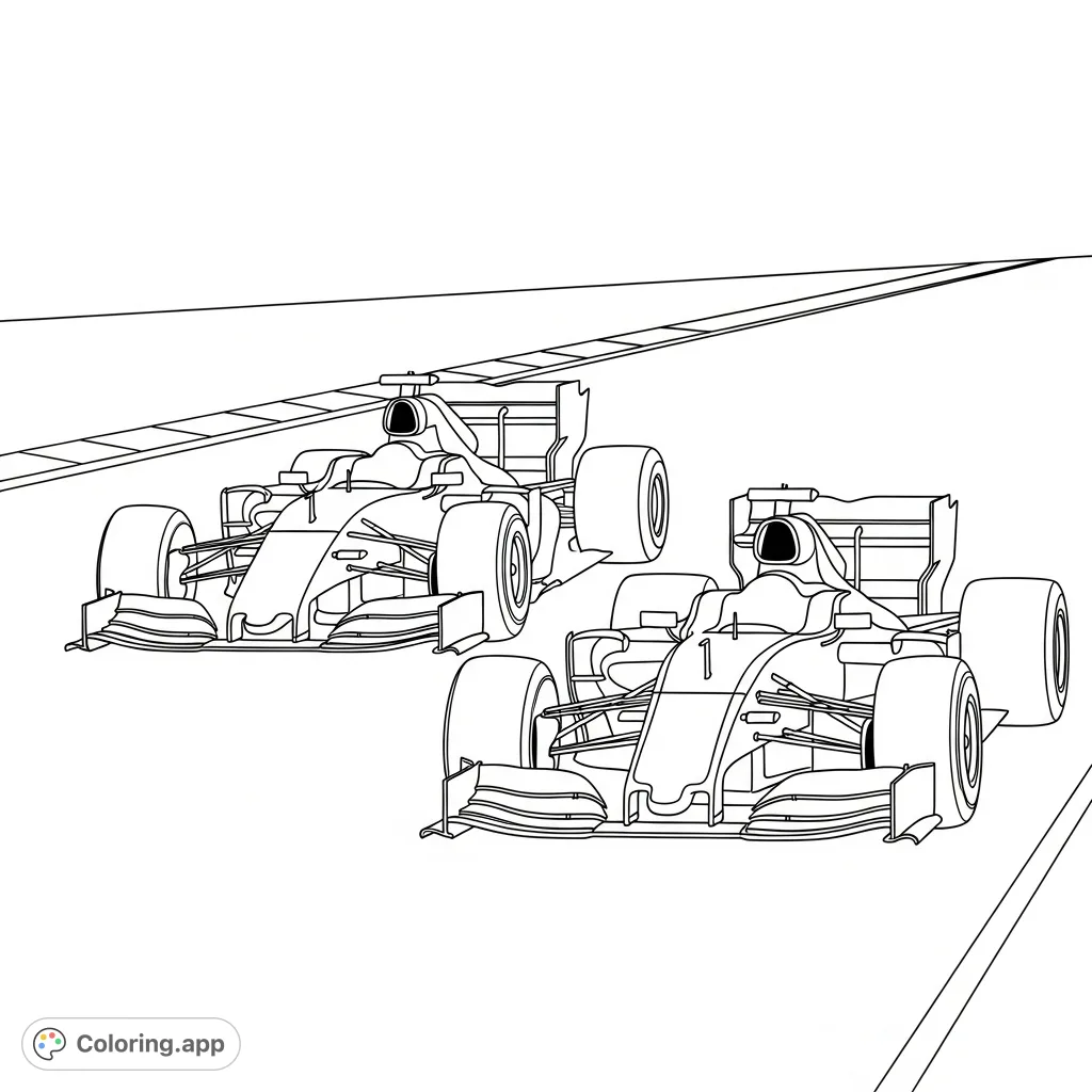 Experience the thrill of Formula 1 racing with two F1 cars in a drafting battle. Simplified designs make this action-packed scene fun to color for all ages.