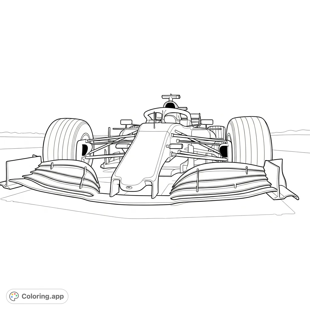 Capture the dynamic essence of a high-performance F1-inspired race car with a low-angle front view, highlighting its advanced aerodynamic design and intricate details.