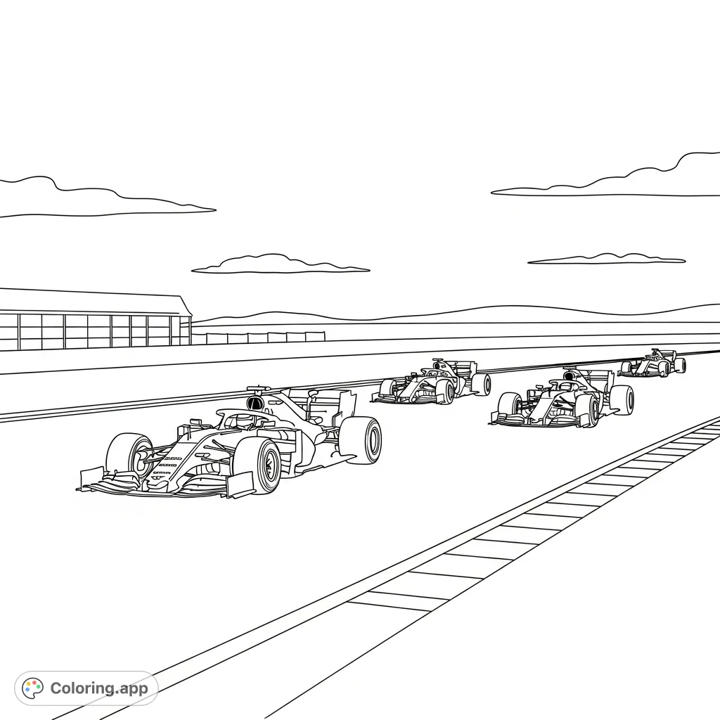 Experience the thrill of Formula 1 with this coloring page. Three high-performance cars navigate a detailed track under an open sky, ready for your artistic touch.
