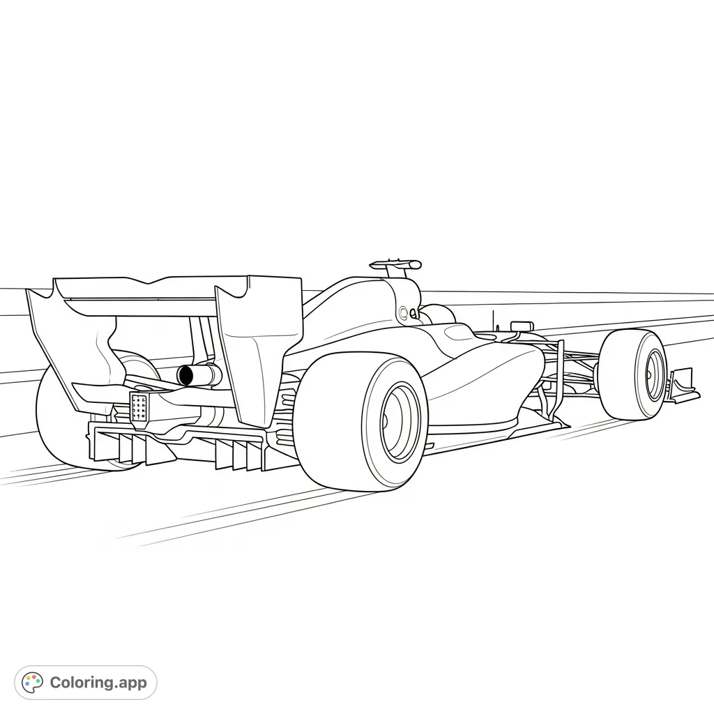 Experience the thrill of speed with this F1-style race car coloring page. A dynamic rear three-quarter view captures acceleration on the track.