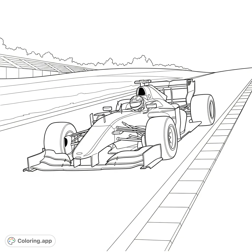 Experience the thrill of speed! This F1-style race car coloring page features a dynamic vehicle ascending a hill on a track, emphasizing sleek aerodynamics.