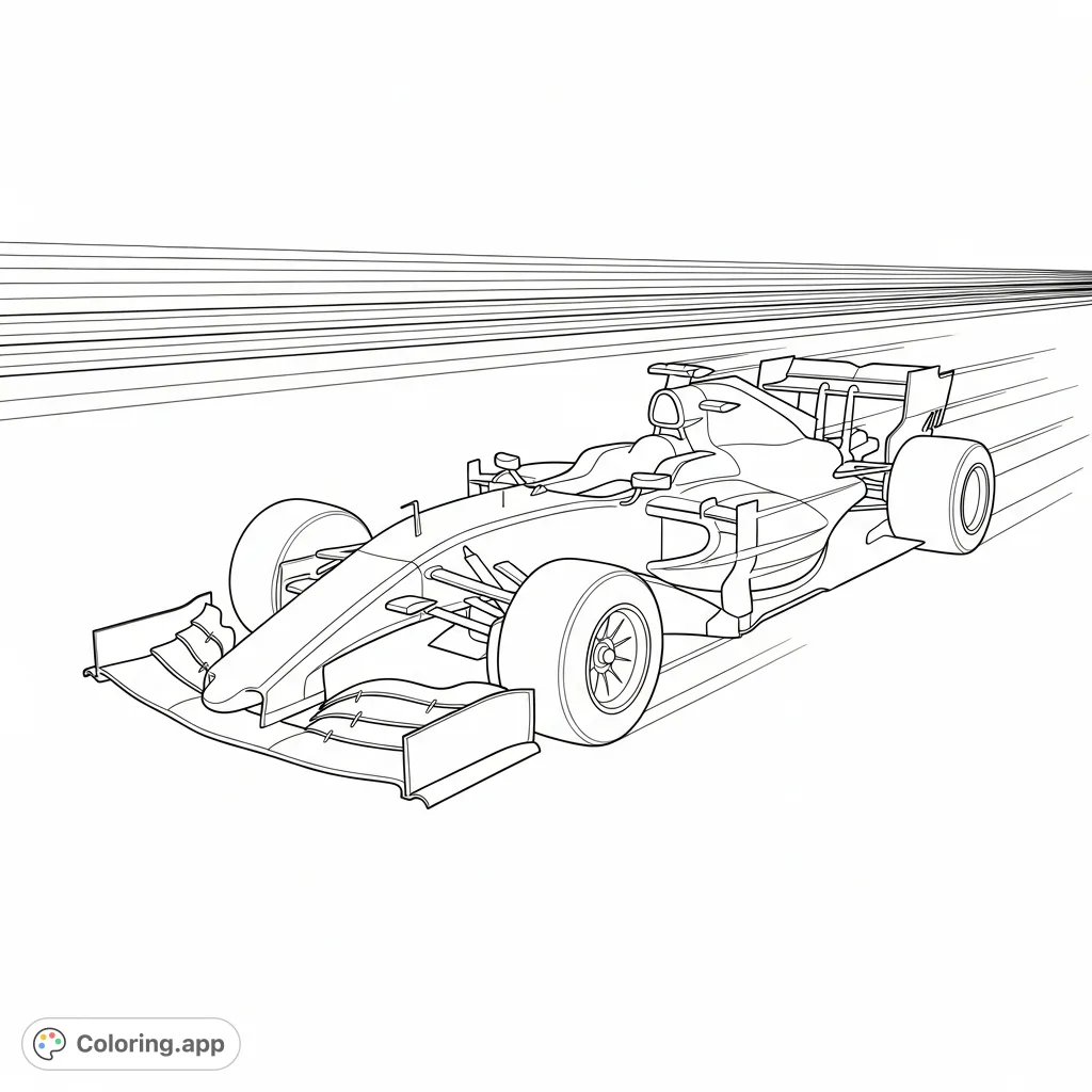 Color an F1-style race car speeding down a straight track. Features include aerodynamic body, large wings, and motion lines for a dynamic scene.