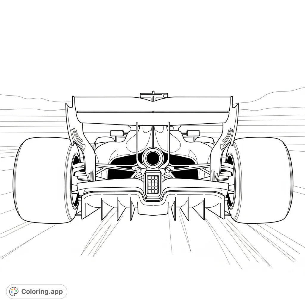 An intricate coloring page showcasing the rear view of a high-performance F1-style racing car with an open DRS wing and detailed aerodynamic components.