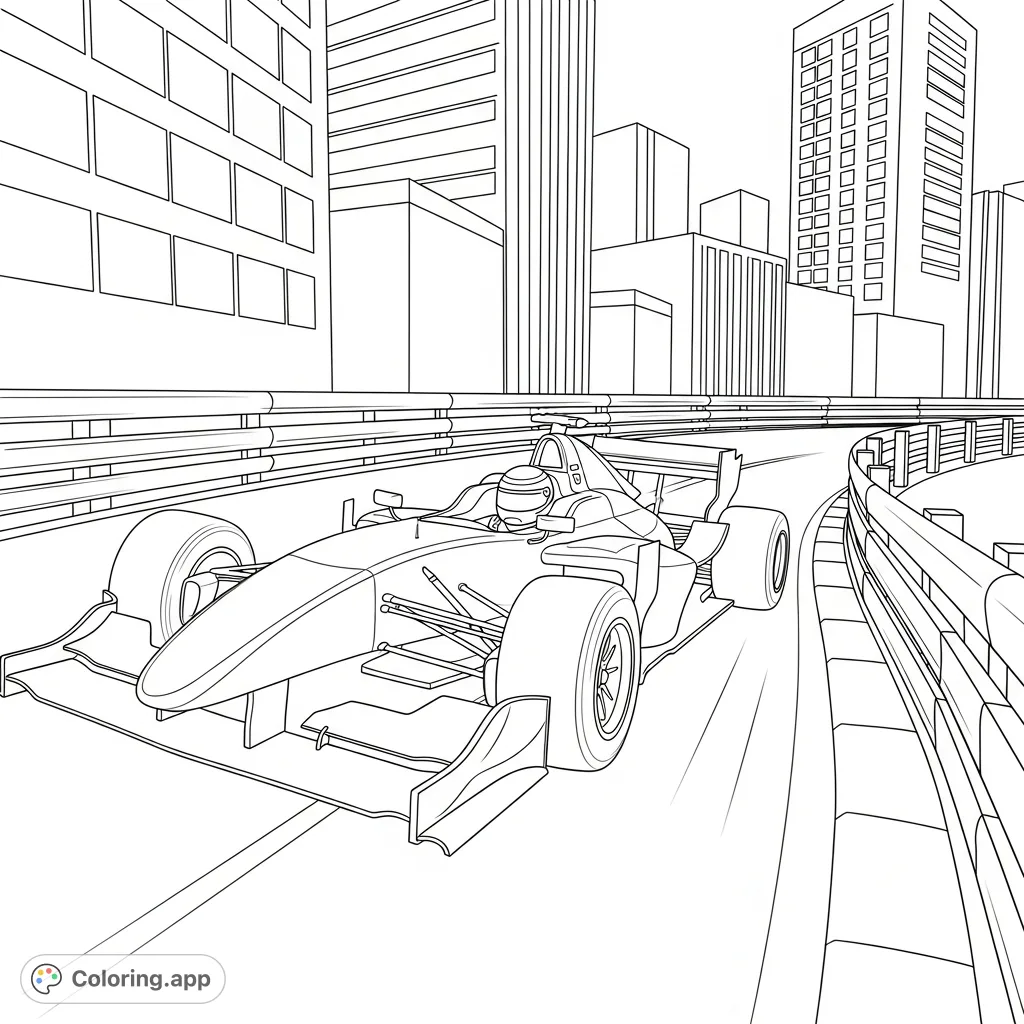 A dynamic F1-style race car navigates a sharp turn on a street circuit, with streamlined city buildings in the background. Experience the thrill of speed!