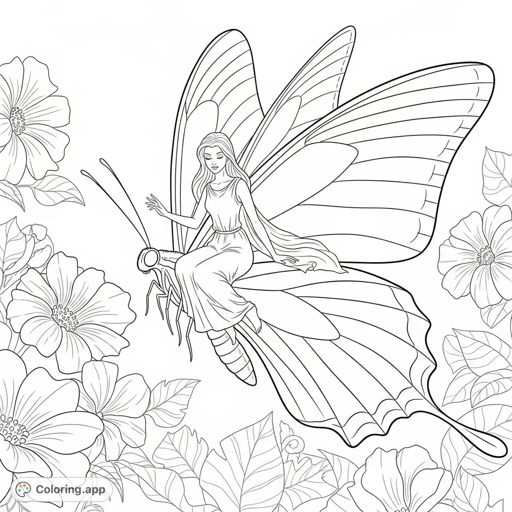 Embark on a magical journey with a graceful fairy riding a majestic butterfly through an enchanting garden. A detailed scene awaits your creative touch.