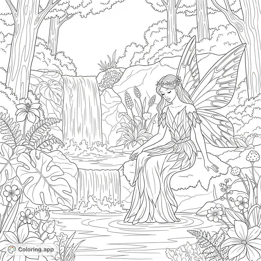 A graceful fairy sits on a mossy rock beside a cascading waterfall in a magical forest glen, surrounded by lush foliage and whimsical flowers.