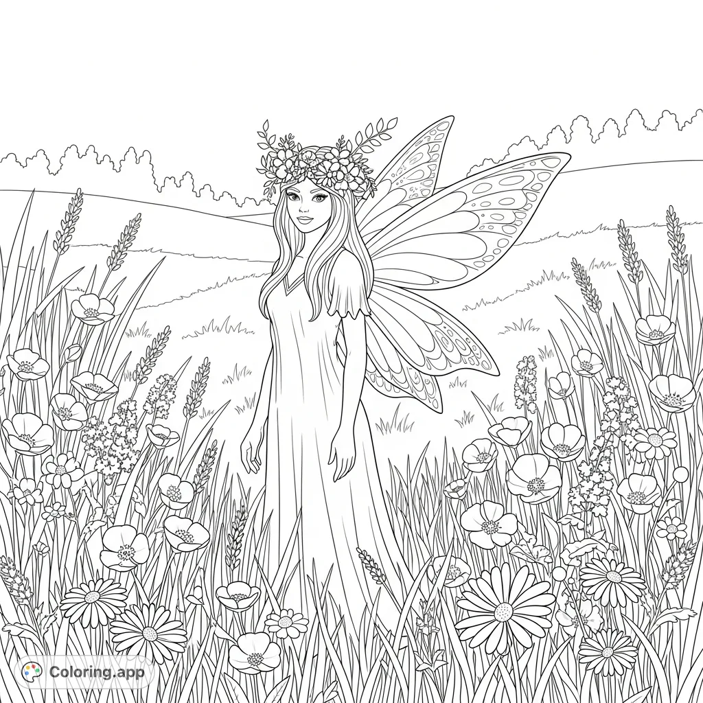 Color a graceful fairy with delicate wings and a beautiful flower crown, standing peacefully in a lush meadow filled with various blossoms and distant trees.