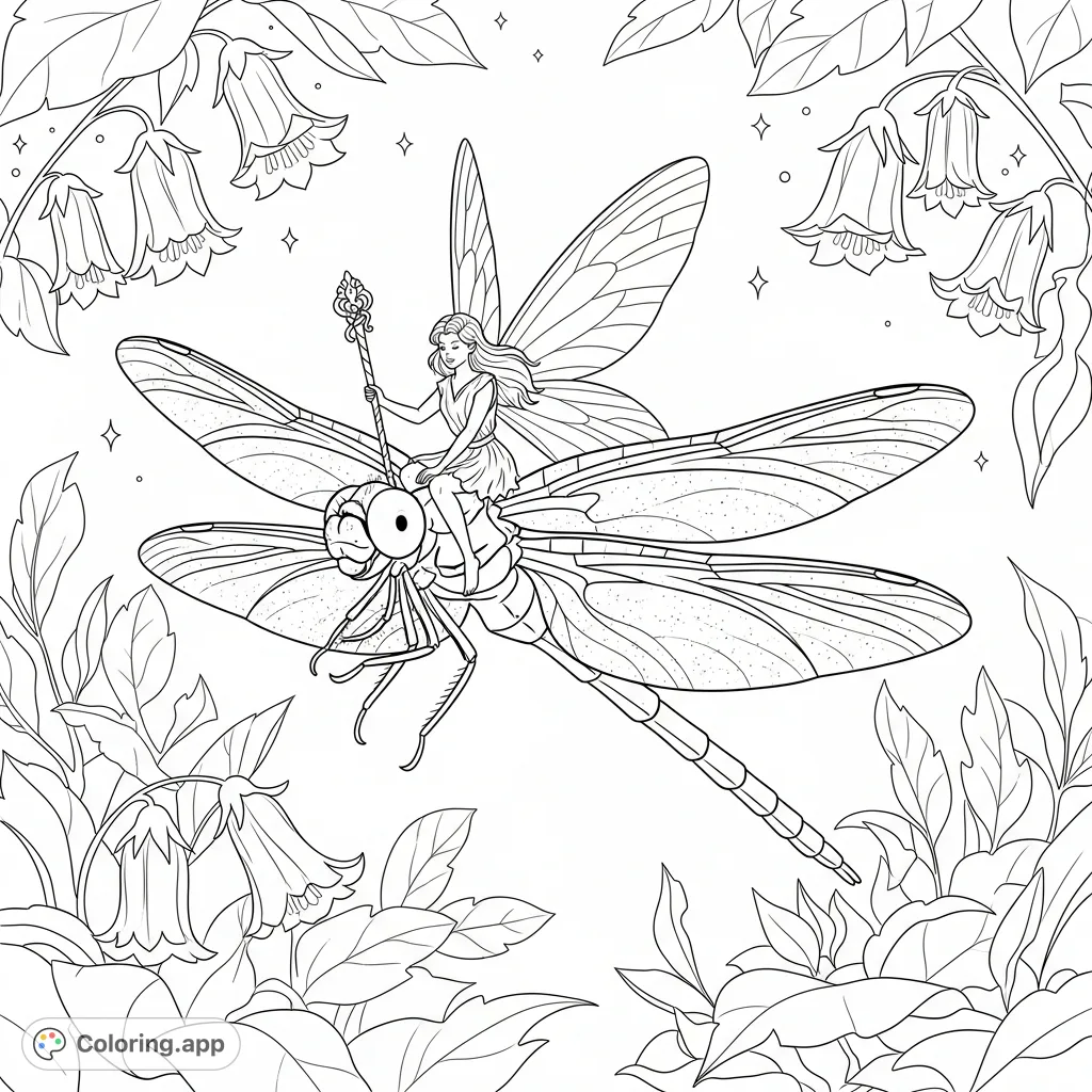 A whimsical scene featuring a graceful fairy with translucent wings, seated elegantly on the back of a majestic dragonfly amidst an enchanted garden.