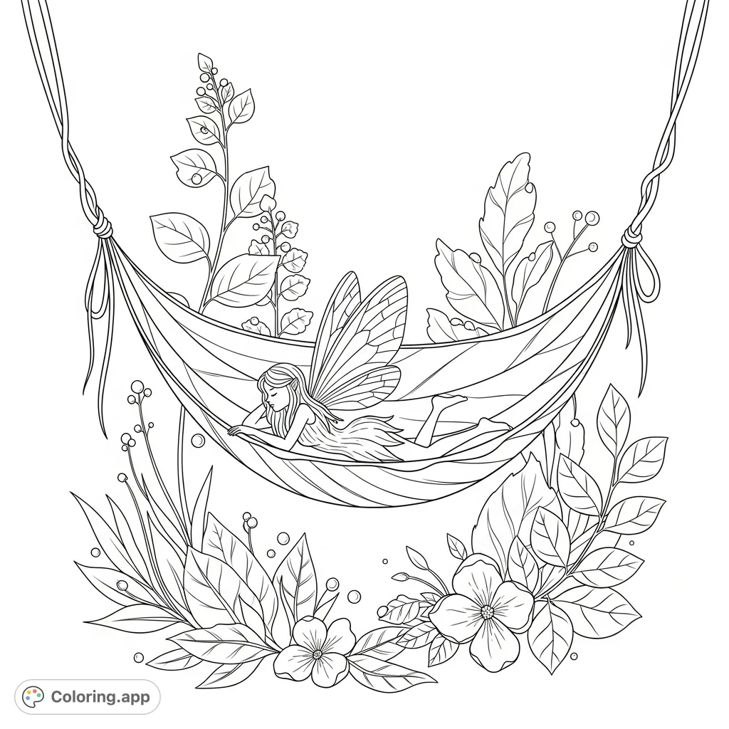 Discover a delicate fairy peacefully resting in a lush leaf hammock, surrounded by intricate botanical details. A serene escape for creative minds.