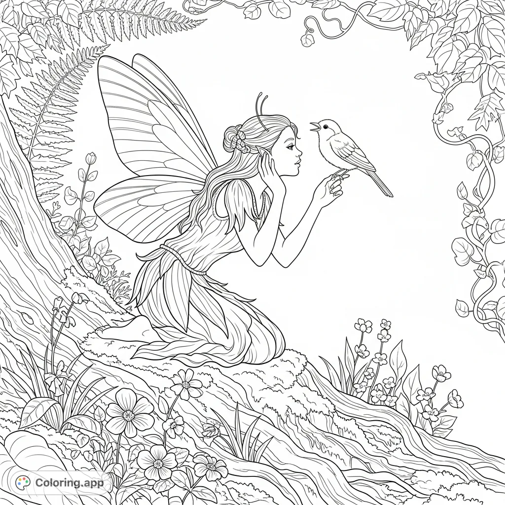 A whimsical fairy kneels on a mossy root, gently whispering to a small bird perched on her finger amidst enchanting forest flora. Perfect for nature and fantasy lovers.