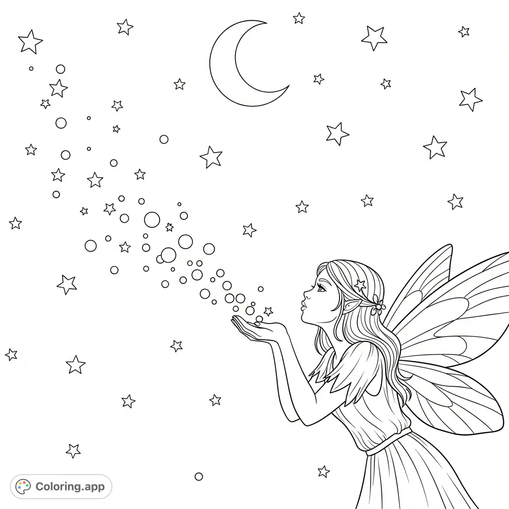 A graceful fairy releases enchanting sparkles into a starry night sky, with a crescent moon overhead. Perfect for imaginative coloring.