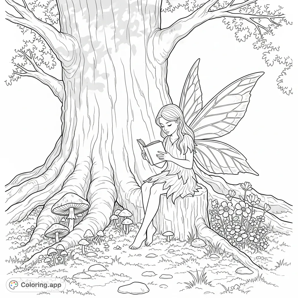 A delicate fairy reads a tiny book at the base of an ancient oak, surrounded by wildflowers and mushrooms, a perfect blend of whimsy and nature.