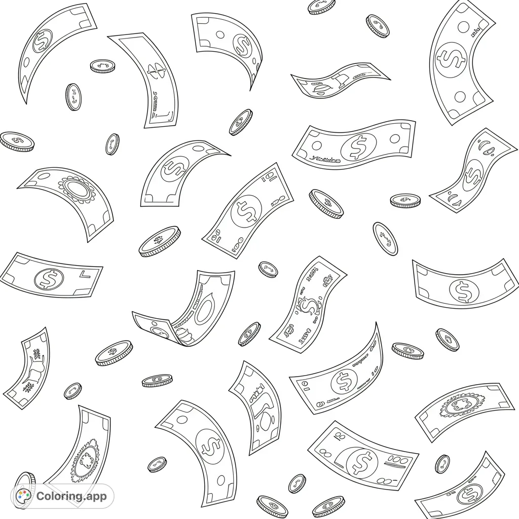 A dynamic money coloring page featuring a cascade of dollar bills and coins. Perfect for a free printable coloring page, offering financial fun for all ages.